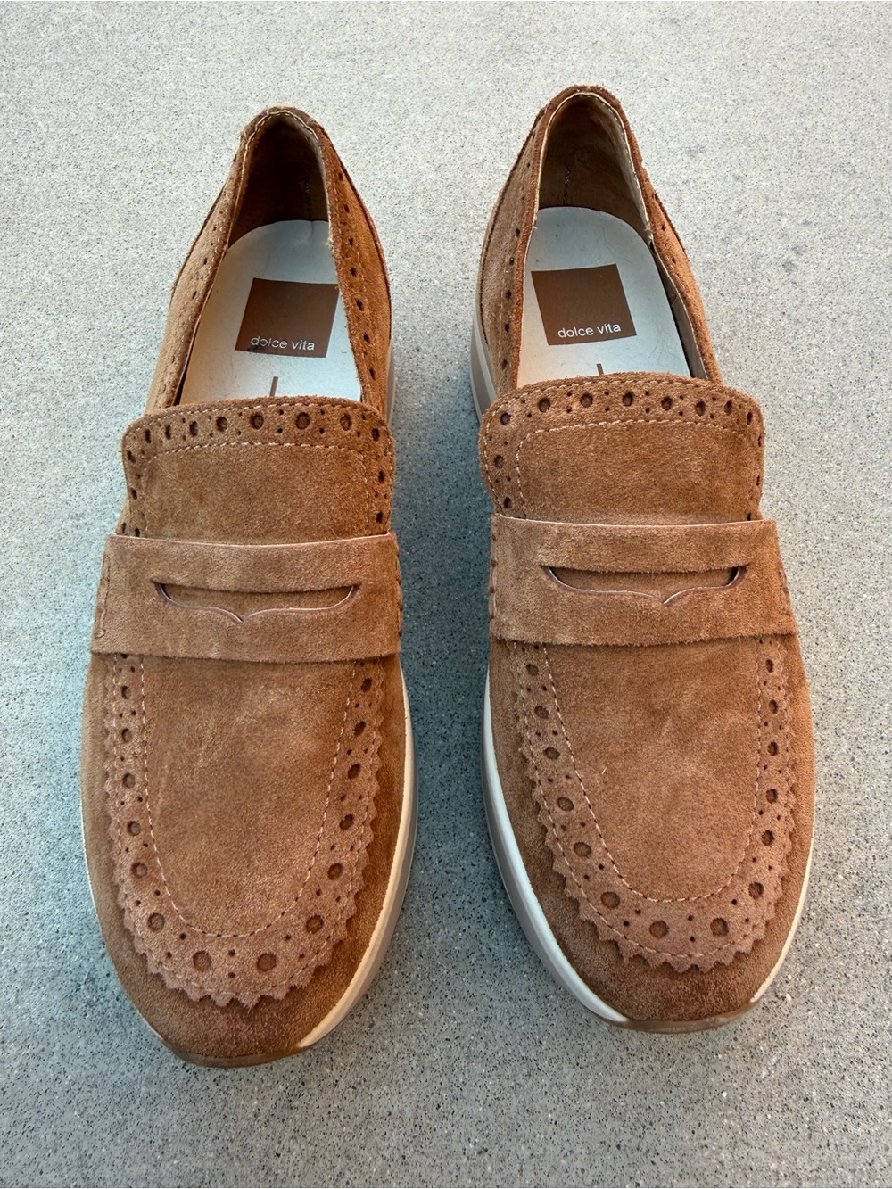 Dolce Vita Tan Suede Slip-On Brogue Eyelet Loafers in Caramel Women’s Size 6.5